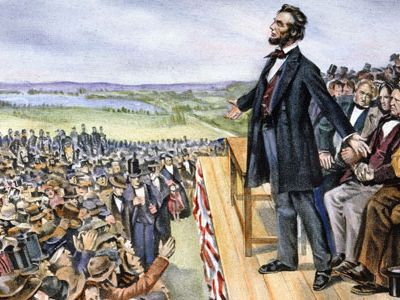 No recordings of Abraham Lincoln's voice exist since he died 12 years before Thomas Edison invented the phonograph, the first device to record and play back sound. Shown here is Lincoln delivering his famous Gettysburg Address in 1863.