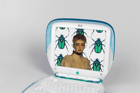 Portrait of Eleanor Garnier Hewitt, who co-founded Cooper Hewitt with her sister Sarah, painted in 1888 by Antonia de Bañuelos and an iBook Laptop Computer designed in 1999 by the Apple Industrial Design Team. 