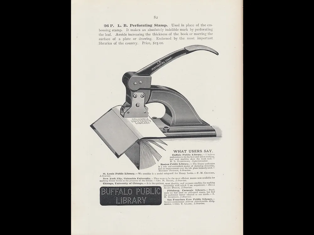 Library Bureau, Boston, MA. Classified Illustrated Catalog of the Library Department of Library Bureau (1899), page 82, Perforating Stamp. (Smithsonian Libraries and Archives)