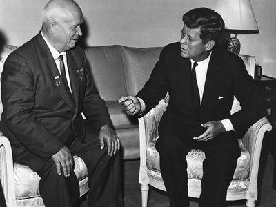 John F. Kennedy meeting with Soviet politician Nikita Khrushchev. 
