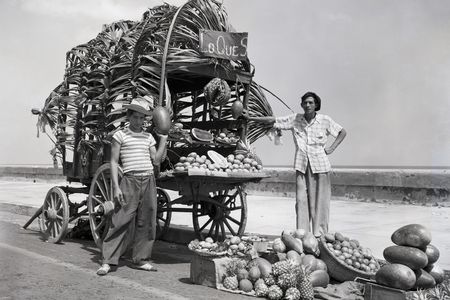 Cuban Fruit peddlers stopped along Malecon Sea drive in Havana, to peddle their wares: Mangos, melons, and pineapples. March 30, 1949,