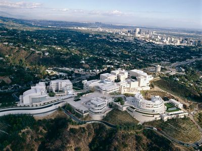 An aerial view of the Getty's Los Angeles campus taken before the so-called Skirball Fire broke out Wednesday