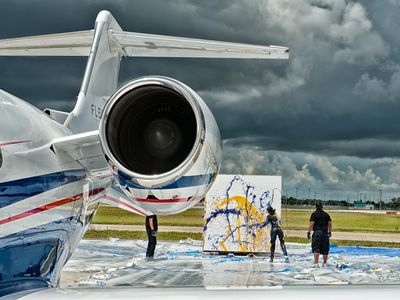 In 2013, jet artist Princess Tarinan von Anhalt used the exhaust from a Learjet 45 XR to splash company colors on a canvas to celebrate Learjet’s 50th anniversary. 
