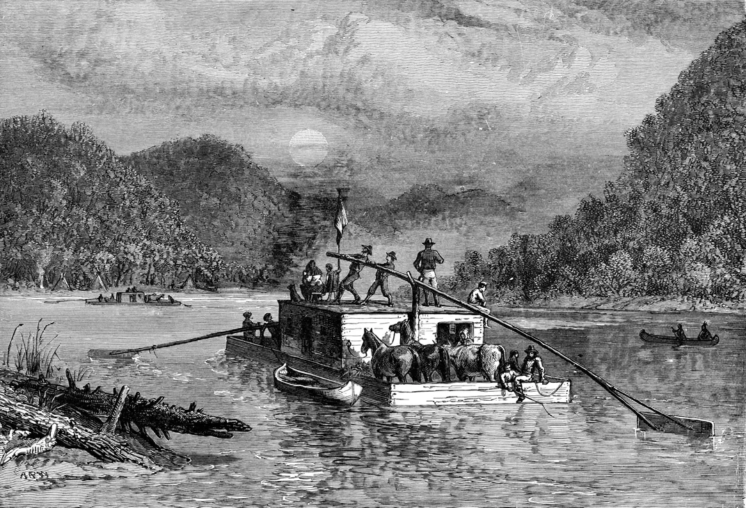 A 19th-century illustration of a longboat on the Mississippi.