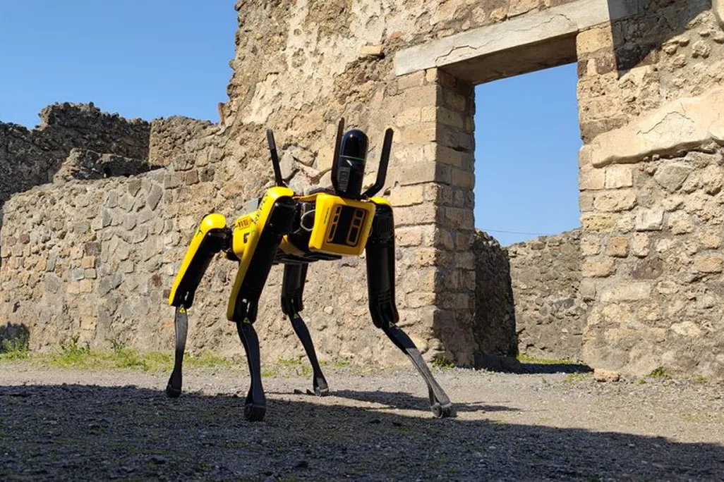 A yellow dog-like robot in Pompeii