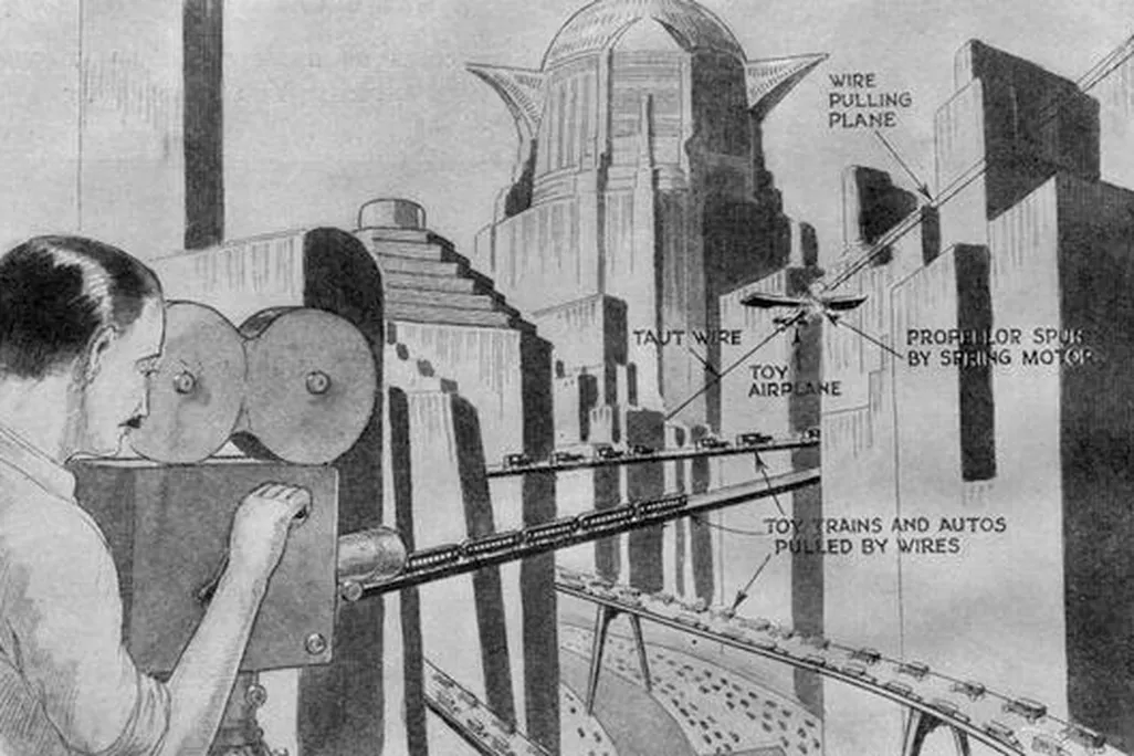 Illustration in Science and Invention magazine, explaining the special effects for Metropolis (1927)