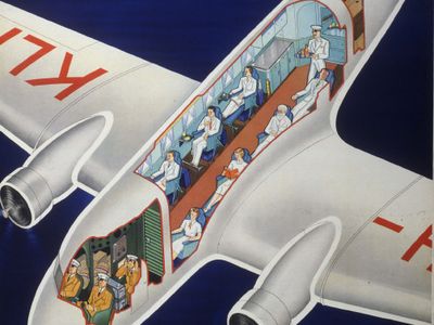 Advertising poster for KLM Royal Dutch Air Lines, circa 1938, showing a cross-section of a Fokker-assembled Douglas DC-2. 