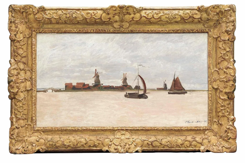 A muted gray painting of a pinkish sea, with sailboats, a horizon and small houses and three windmills in the distance