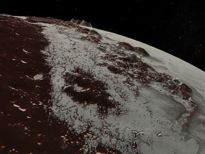 This still from an animation created by NASA shows some of the mountains and craters observed by the New Horizons satellite.
