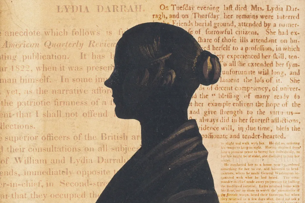 An illustration of a woman's silhouette in front of documents related to Lydia Darragh