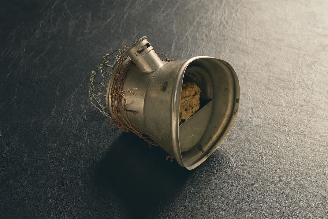 A 19th-century anesthesia device, made by Boston-area manufacturers Codman and Shurtleff. The device’s opening contains a small sea sponge, which was soaked with ether.