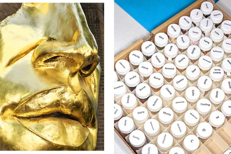 A sculpture by artist Arlene Love and a tray of bottled scents in Joel Mainland&rsquo;s office at the Monell Chemical Senses Center in Philadelphia.
