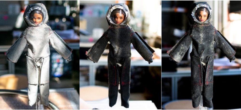 Three panels showing Barbie doll wearing spacesuit with different amounts of dust