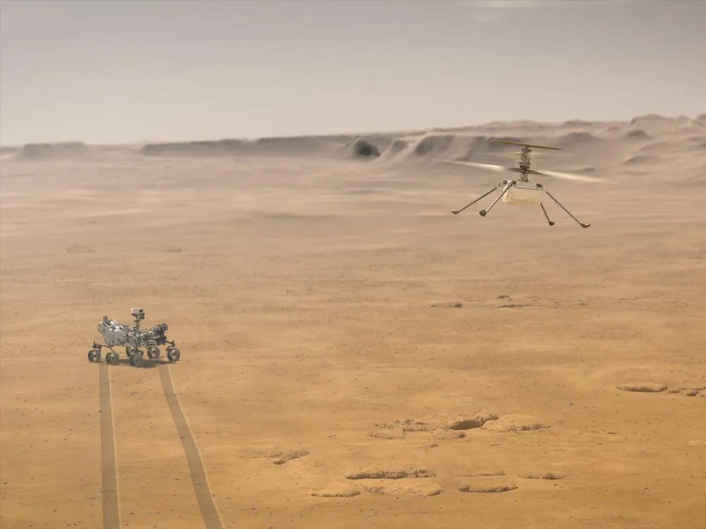 Artist’s rendition of Ingenuity flying on Mars. (NASA/JPL-Caltech)