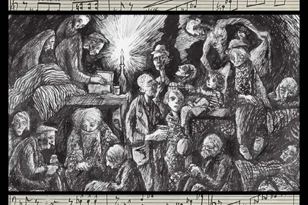 Primary image: Sleeping Quarters, by Czech Jewish prisoner Bedřich Fritta, depicts gruesome conditions. After the SS discovered Fritta&rsquo;s work, they detained him and sent him to Auschwitz, where he died. Background (detail): A musical score by Viktor Ullmann, which was created at Terezin.
