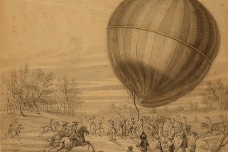 A drawing showing the descent of the first manned hydrogen gas balloon flight, which departed from Paris, France on Dec. 1, 1783. 