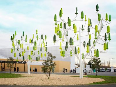 A "wind tree" installed at the COP21 climate talks in Paris. Each tree produces enough energy to light 71 parking spaces (or power one average American home for four months).