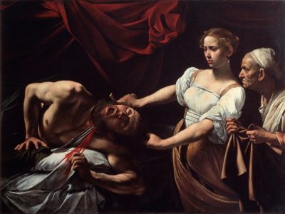Judith Beheading Holofernes (1598) by Caravaggio at the Galleria Nazionale d'Arte Antica at Palazzo Barberini, Rome. A recently discovered painting in France thought to be by Caravaggio depicts a similar scene
