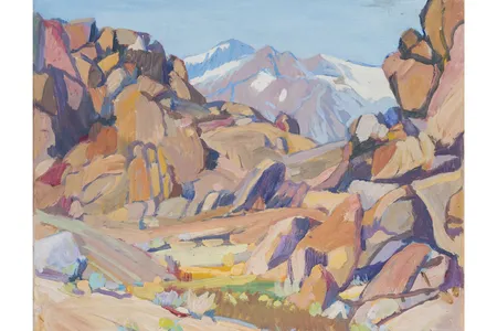 Rocks, an undated oil painting by Skinner, reflects the artist&#39;s penchant for juxtaposing the earthy tones of the Western desert with icy blue shadows and sky.&nbsp;