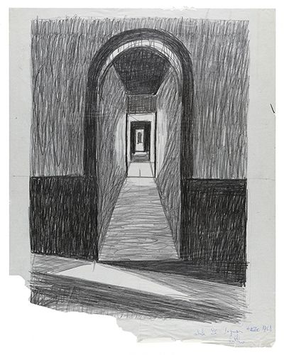 Pencil sketch of a hallway with a curved entrance and light and shadows represented by geometric shapes. Bottom left corner of the sketch is tron. 