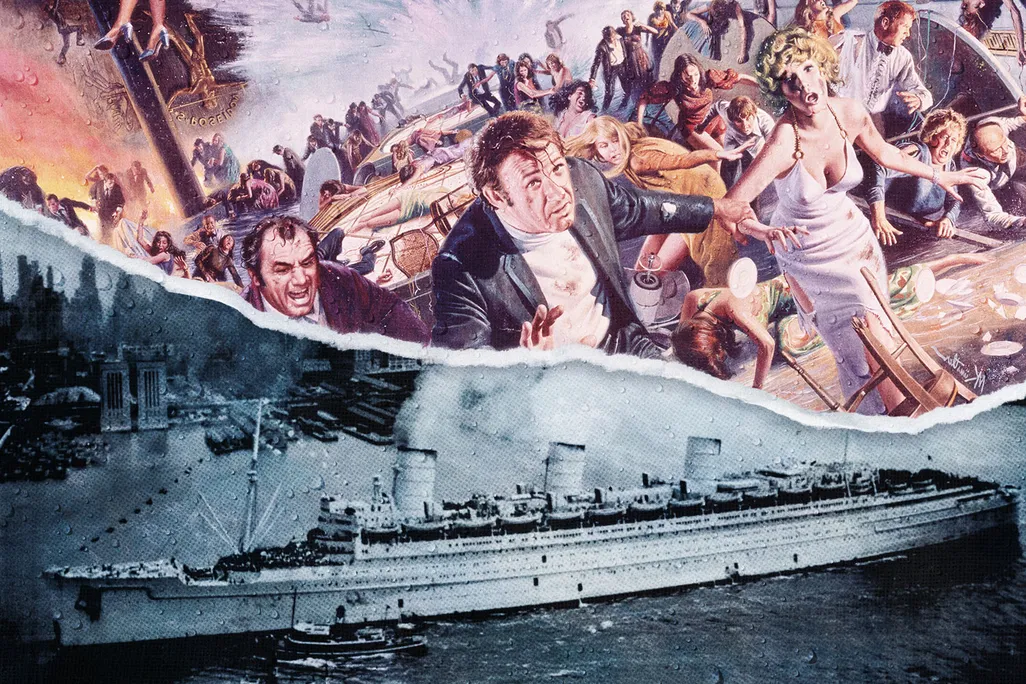 An illustration of the RMS Queen Mary below a poster advertising The Poseidon Adventure