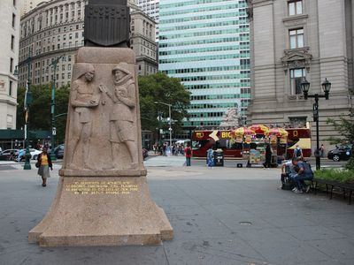 A monument in lower Manhattan commemorates the "sale" of Lenape lands to the Dutch.