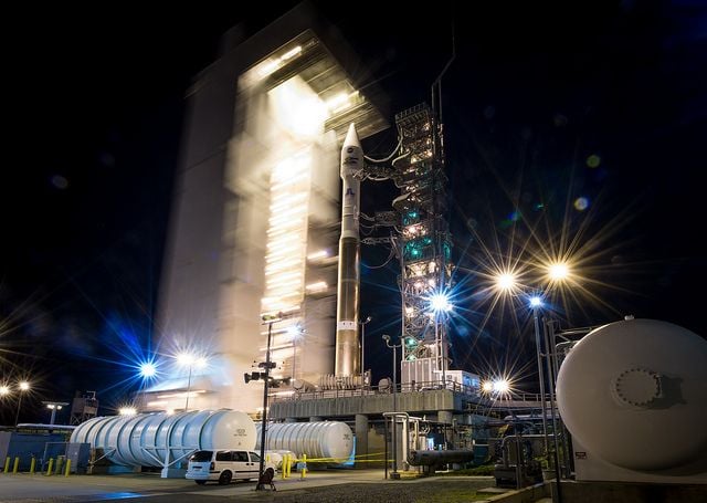 Landsat 8 sits in a United Launch Alliance Atlas-V rocket last night, ready for its 1:00 pm EST launch.