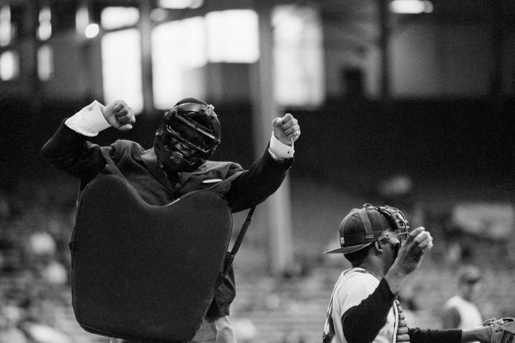 Ashford calls a strike with enthusiasm during an August 29, 1968, game between the Indians and Twins.