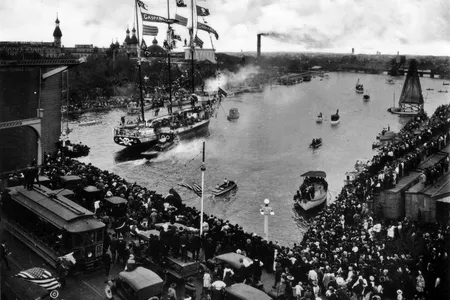 Taken in 1922, the ship Jose Gaspar passes the Lafayette Street Bridge in Tampa during the Gasparilla Festival