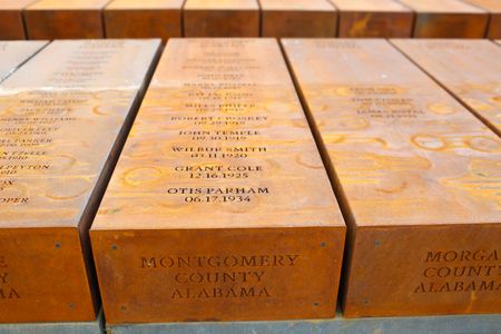 This photo shows part of the display at the National Memorial for Peace and Justice, a memorial to honor thousands of African-Americans killed in lynchings.