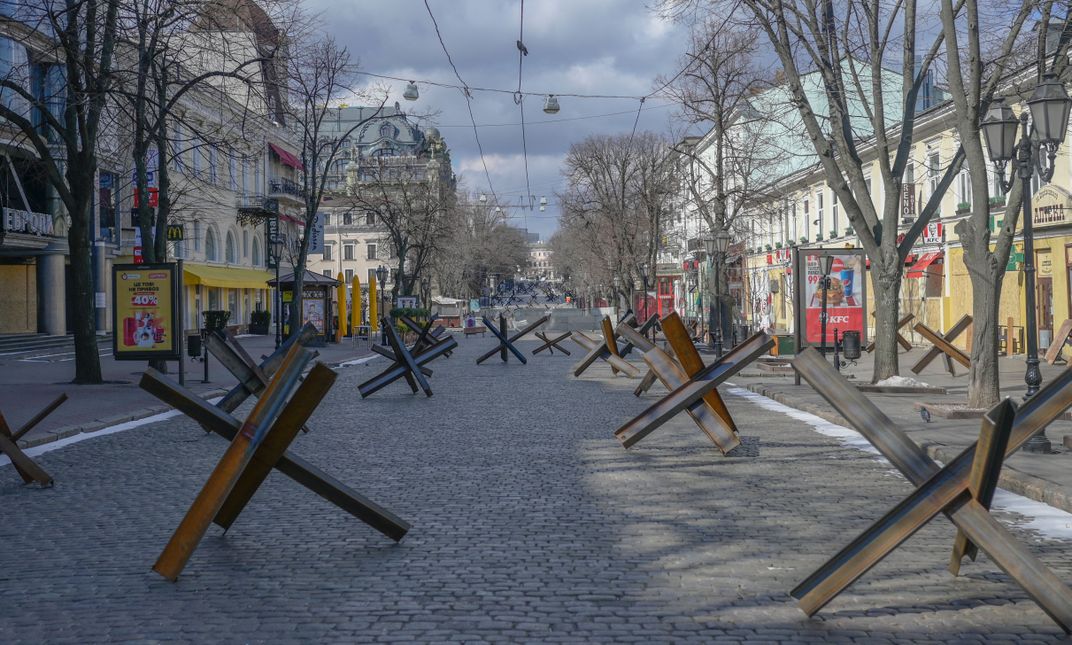 Anti-tank obstacles placed along an Odesa street in March 2022