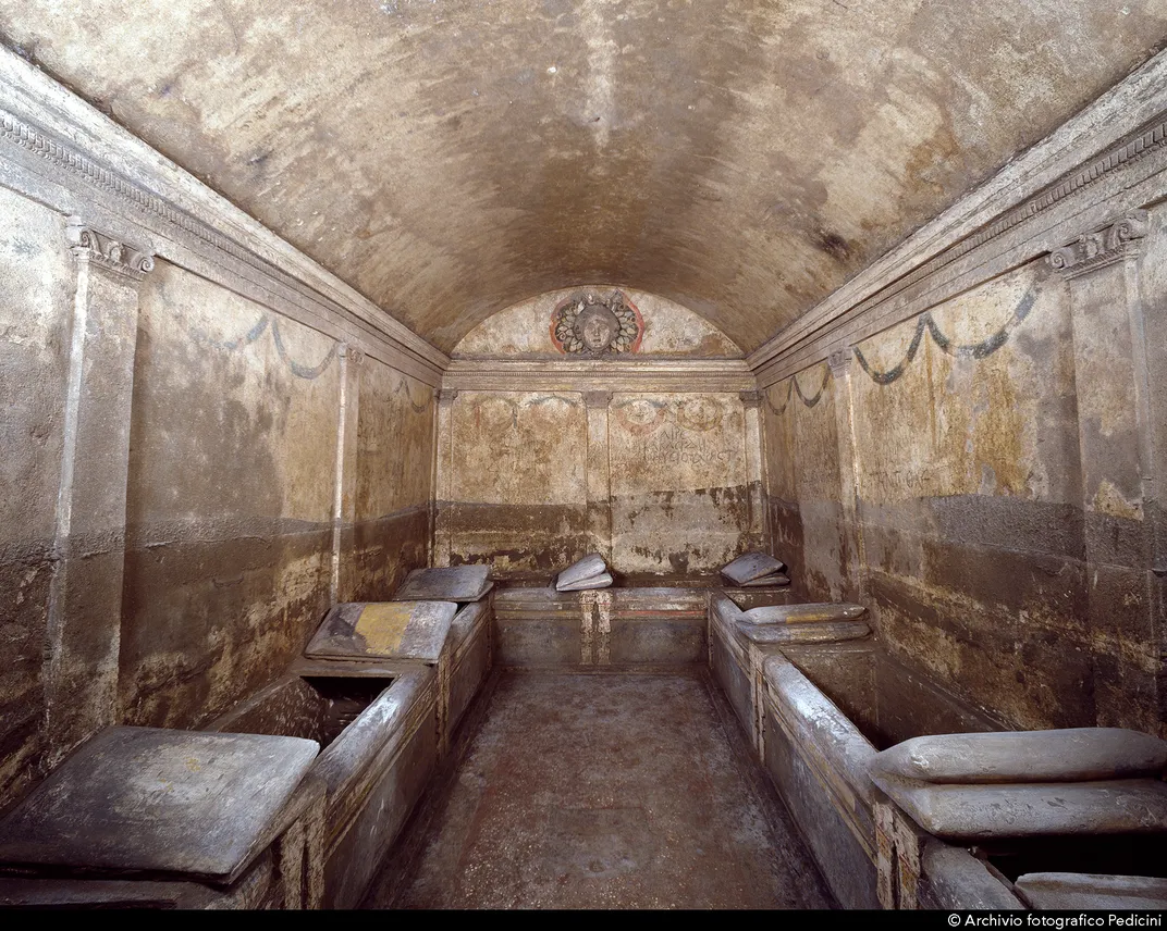 View of burial chamber with sarcophagi