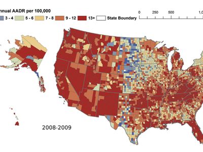 The distribution of drug deaths in American counties from 2008 to 2009