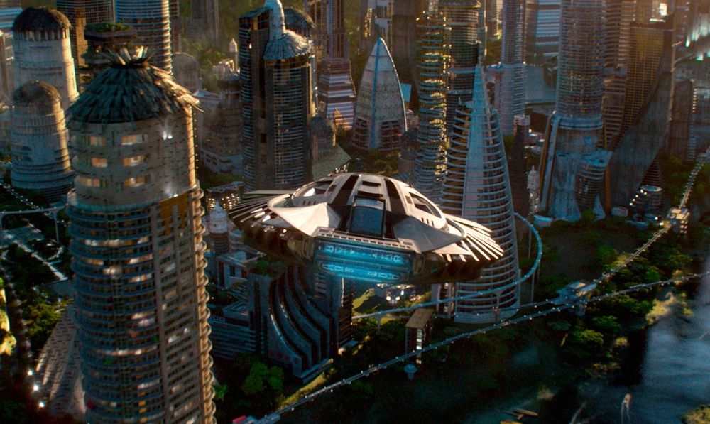 T’Challa’s Royal Talon Fighter flying above Wakanda in the film Black Panther. Credit: Marvel Studios.