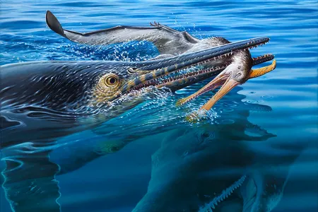 This illustration shows an&nbsp;ichthyosaur biting a pterosaur, with a pliosaur preparing to attack from below.