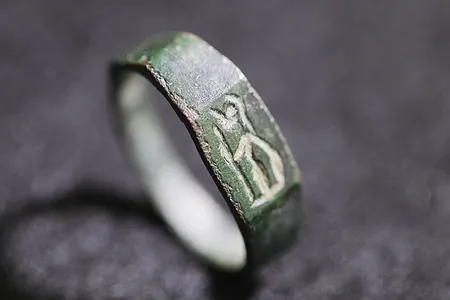 The Roman-era ring depicts the goddess Minerva, who is adorned with a shield, helmet and spear.