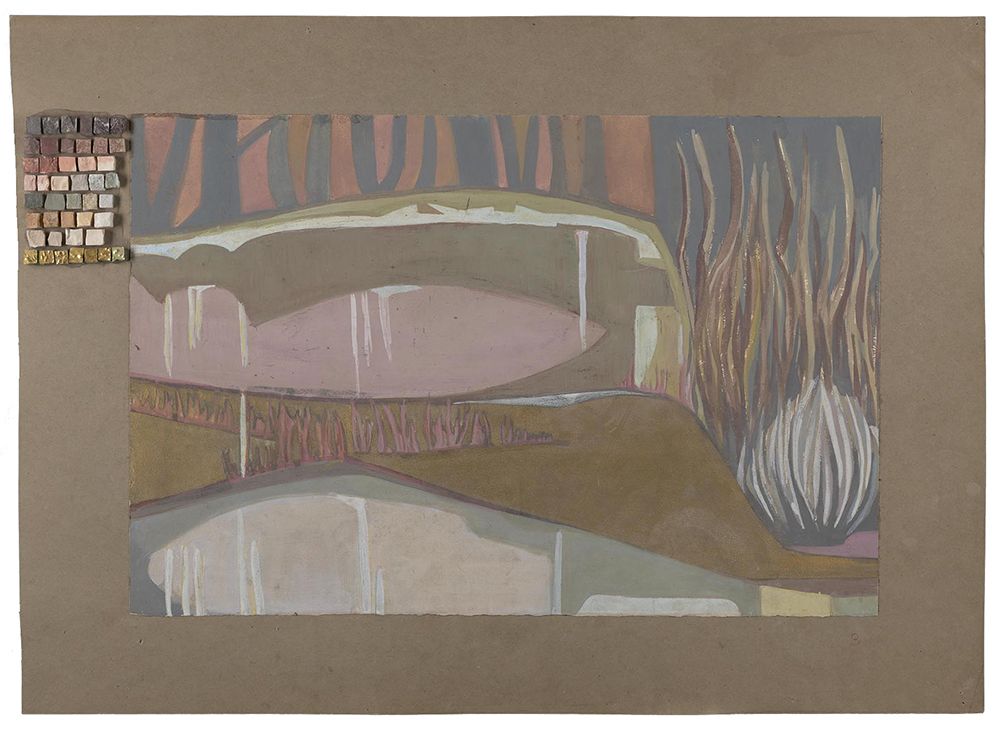 Cartoon for mosaic sketched on brown paper in various shades of brown, blue, terracotta, pink, and white, with stones in corresponding colors glued to the paper.