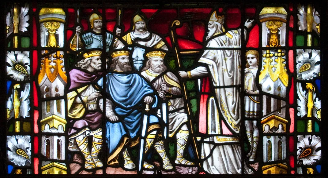 A stained-glass window depicting St. Patrick preaching to Irish kings