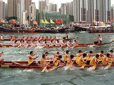 Hong Kong rowing teams compete during one of the many races that take place during the Dragon Boat Festival.