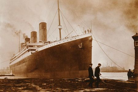 The Titanic leaving Belfast on April 2, 1912. The black streak can be seen just above the water line.