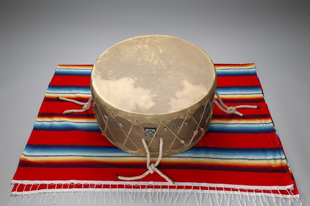 Drum used by Native American soldiers during Operation Iraqi Freedom, 2007 and 2008. 27/167. The drum was also used in a Cheyenne Soldier Dance held for Cody Ayon (Southern Cheyenne) in 2010 when he returned to the United States. Mr. Ayon gave the drum to the museum in 2018. (National Museum of the American Indian)