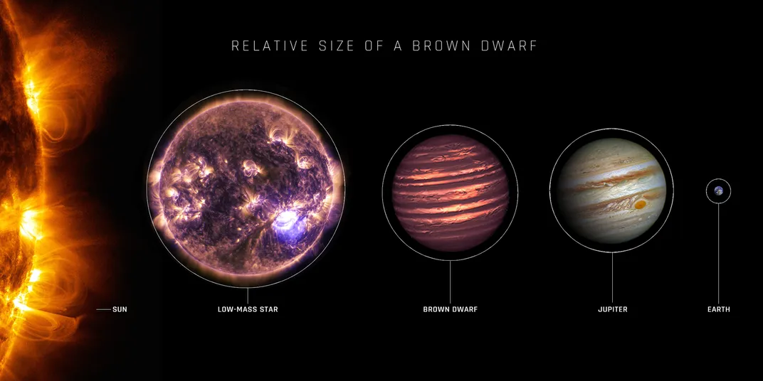 An artist’s depiction of the relative sizes of the sun, a low mass star, a brown dwarf, Jupiter and the Earth