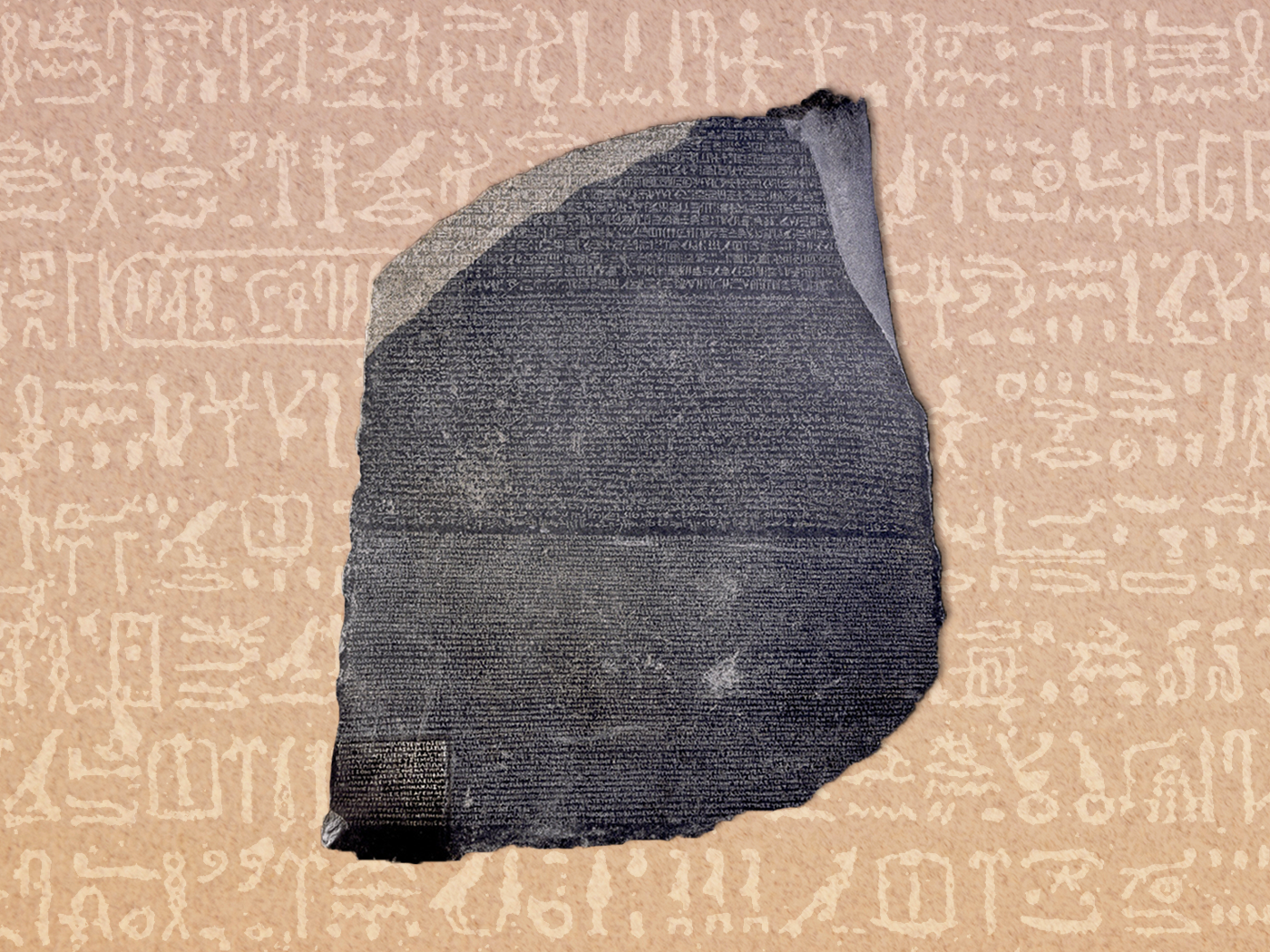 Illustration of the Rosetta Stone in front of Egyptian hieroglyphs