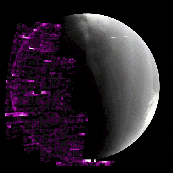 Mars appears as a gray planet with purple light flashing across its entire left half