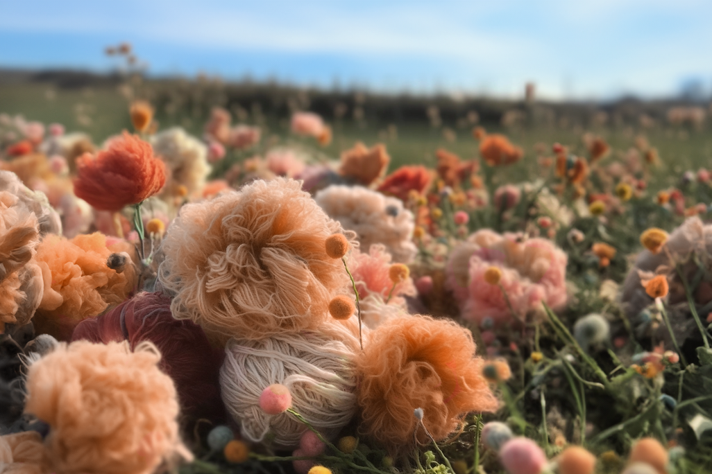 Balls of peach-colored yarn in a field