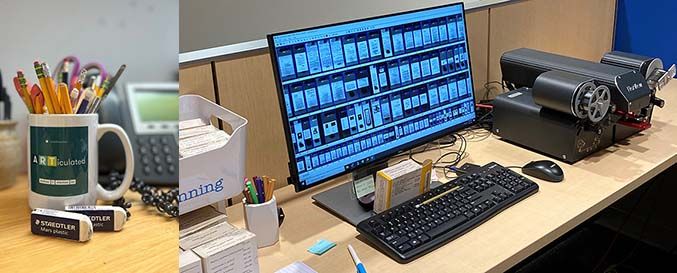 Color image of white erasers in blue and white sleeves in front of a green and white mug full of pencils with a phone and jar of pens in the background next to a color image of a computer and microfilm scanner with images of scans on the screen.