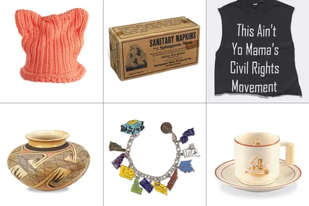 The new book, subtitled Remarkable Objects and Stories of Strength, Ingenuity, and Vision from the National Collection includes clockwise from top left: crocheted pussyhat; Sfag-Na-Kins sanitary napkins, Black Lives Matter T-shirt; a clay pot by Hopi-Tewa potter Nampeyo and her daughter Fannie; Alice Paul's ERA charm bracelet; and a cup and saucer by designer Belle Kogan.