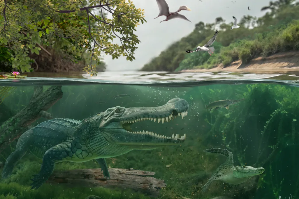 illustration of one large and one small crocodilian in a sea with a bird-like dinosaur flying overhead