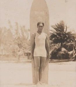 Duke Kahanamoku, pictured here circa 1915, helped popularize surfing on the mainland and won several Olympic medals for swimming.