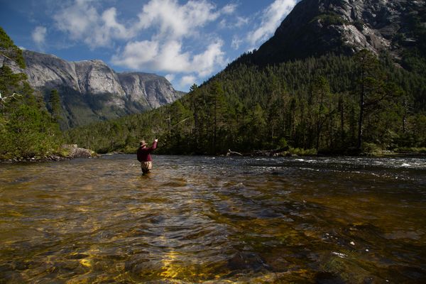 Fly fishing the remote Upper Kumowdah River in the Great Bear Rainforest of Northwestern British Columbia thumbnail